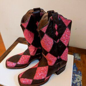 Tanner Mark Pink and Brown Glitter Cowboy Boots